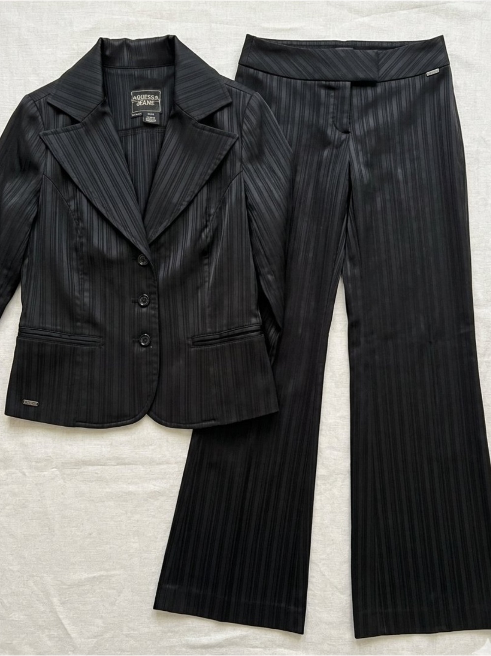 RARE Y2K Guess Jeans Black Pinstripe Blazer & Pants Suit Set. Size M / 29 Tall